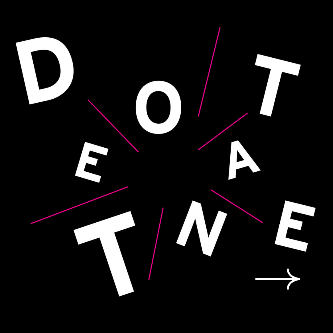 The words "Detonate" arranged in a circular pattern with pink lines connecting them on a black background.